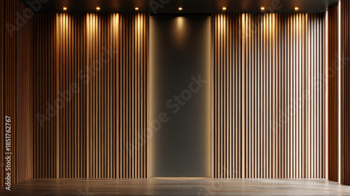 Acoustic wood panel wall with black cloth concept. Modern interior featuring wooden panels with ambient lighting.