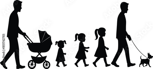 Black Silhouette of Father Walking with Three Children and a Baby in a Stroller, Holding a Leash for Their Small Dog on a Family Outing.