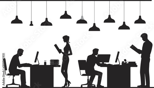 Black silhouette of people working in office with desks and computers, corporate workspace team with hanging pendant lamps, business interior design vector