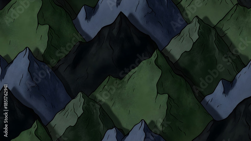 Abstract Mountain Range in Dark Green and Blue Tones