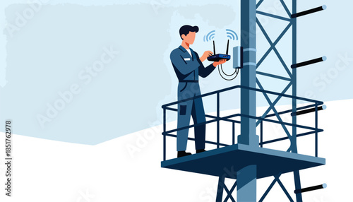 Technician works on a communication tower, adjusting a wireless router