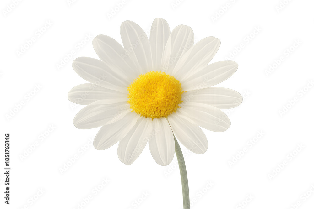 Fototapeta premium Daisy flower blooming, white petals and yellow center, isolated on transparent background, offering freshness and purity