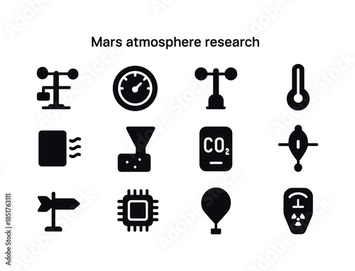 Mars Atmosphere Icons. Mars atmosphere research. Solid icon set