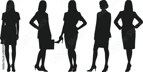 Black Silhouette Vector of Five Diverse Business Women in Professional Attire, Holding Briefcases and Posing Confidently for Corporate Success and Leadership