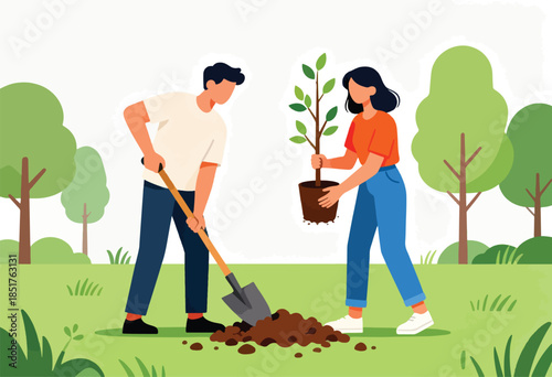 Two people planting a tree in a grassy park with trees in background