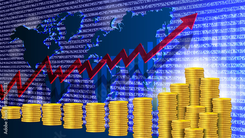 Vector digital financial banner. High profits. Rising prices, tariffs or taxes. 3D stacks of gold coins. Red arrow pointing up. World map. Market analytics. Economics and golden assets