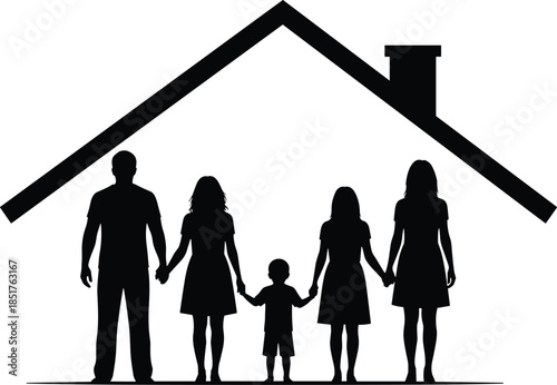 Black Silhouette Vector Set of a Happy Large Family Holding Hands Standing Together Under a House Roof for Real Estate Concept
