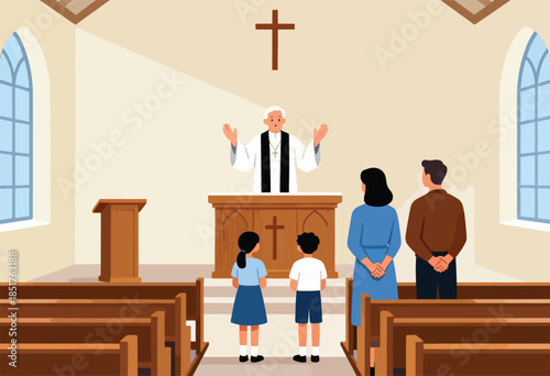A preacher stands at an altar in a church, addressing a family with two children