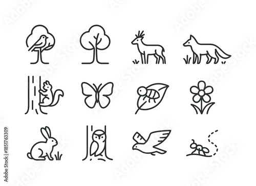 Wildlife Outline Icons. Lone Tree and Wildlife. Line icon set of