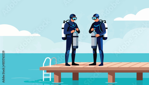 Two divers on a pier prepare for their underwater adventure