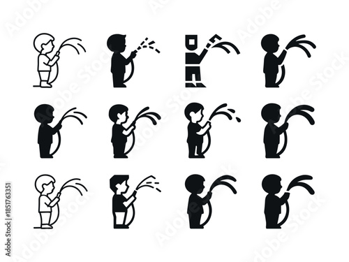 Garden Hose Play Icons. Playing with a garden hose. Icon set. Se