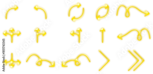 A collection of yellow arrow icons in various shapes and directions, including curved, straight, circular, and wavy designs.