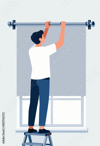Person on step stool adjusts curtain rod in bright room