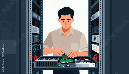 Technician working on server rack equipment