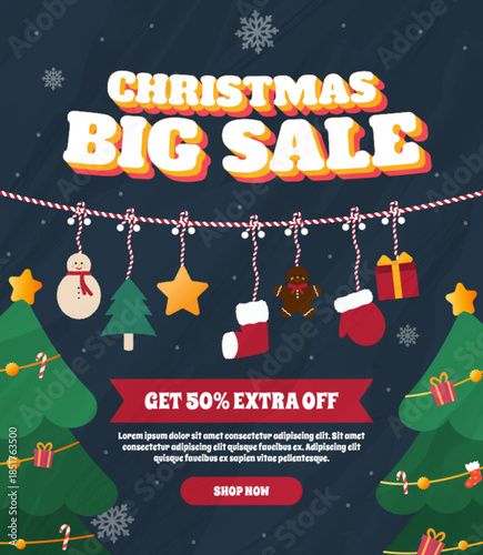 Christmas Big Sale banner with festive decorations, colorful gifts, and 50% extra off. Perfect for holiday promotions and seasonal marketing campaigns