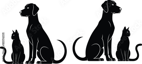 Set of Minimalist Black Dog and Cat Silhouettes Sitting Together for Pet Shop and Veterinary Healthcare Branding Design.