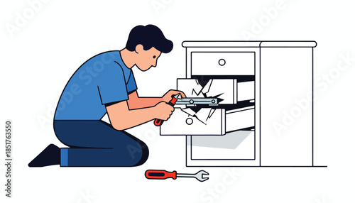 Person fixing a broken cabinet drawer with tools