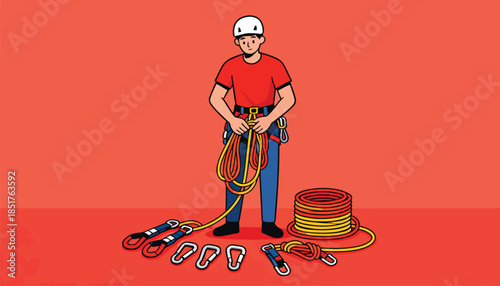 A person in a helmet and harness stands with climbing ropes and gear
