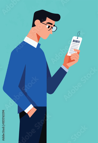 Man in glasses studying a barcode tag