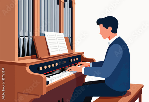 Musician plays a pipe organ, with sheet music on stand