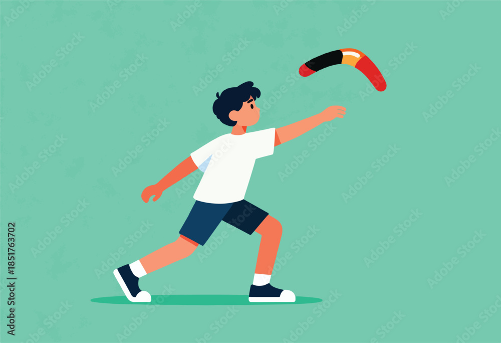 Fototapeta premium A young person in casual clothes throws a colorful boomerang