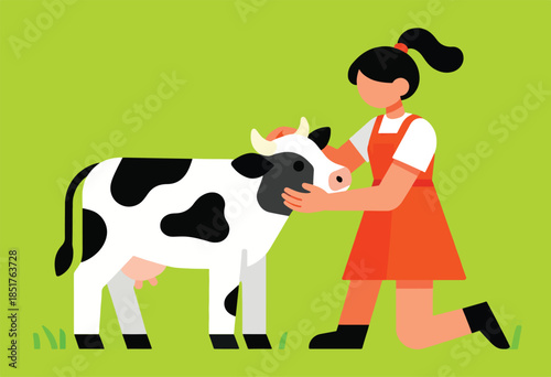 Child gently pets a spotted cow in a bright green field