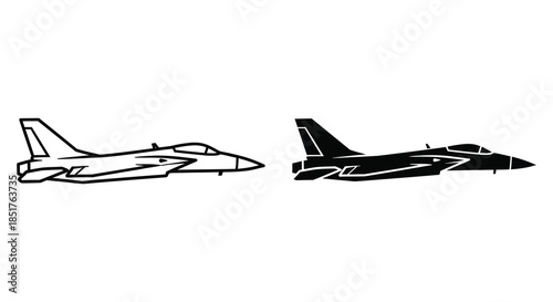 Two depictions of a fighter jet one outlined and one solid a striking silhouette