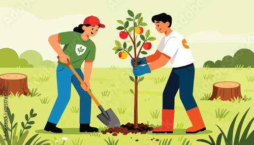 Two people plant a young fruit tree in a grassy field, surrounded by nature