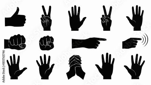 Collection of Black Hand Gestures and Poses Silhouettes.