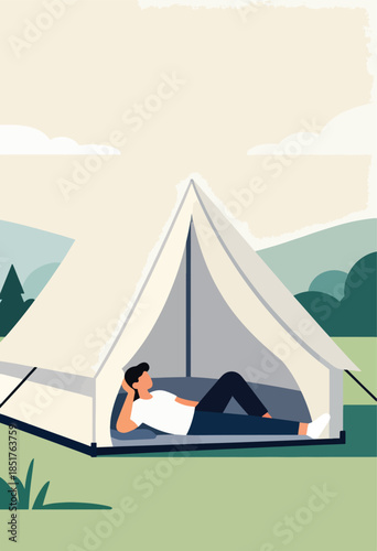 Person relaxing inside a canvas tent with a peaceful outdoor landscape