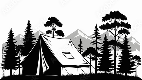 Silhouette of a canvas tent in a forest setting.