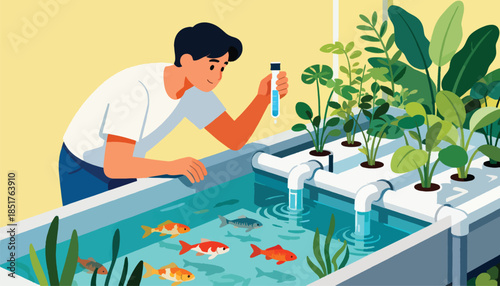 Person tending to a hydroponic system with fish and plants