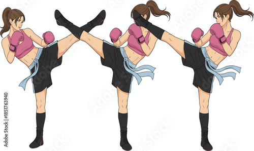 Set of Female Kickboxer Illustrations Performing High Kick with Pink Gloves for Martial Arts Training and Women Empowerment Branding.