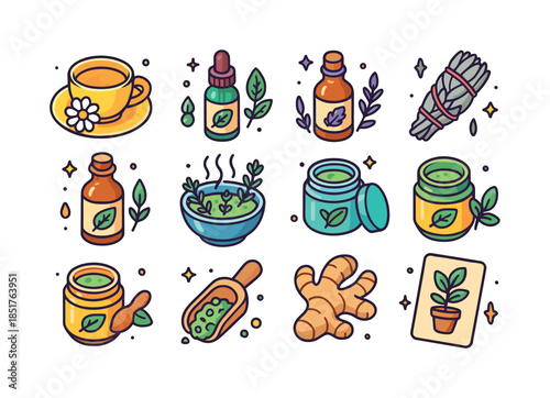 Herbal Remedies Icons. Home herbal remedies. Colorful isometric