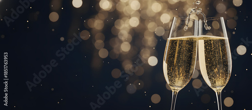 Two champagne glasses clinking together with sparkling background  