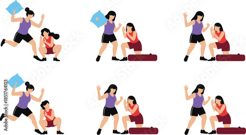 Set of Female Characters Enjoying Pillow Fight and Fun Activities for Friendship Lifestyle and Home Leisure Graphic Design.