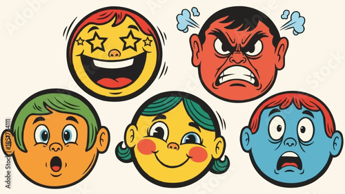 Set of cartoon faces showing different emotions and expressions.