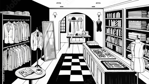Elegant Menswear Boutique Interior with Clothing Racks and Display Shelves.