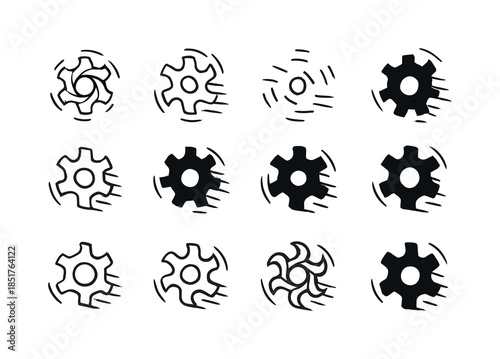 Dynamic Gear Icons. Spinning wheels out of control. Icon set. Se
