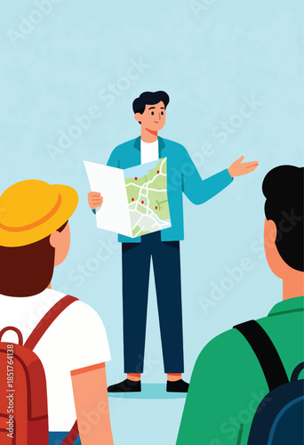 A guide shows tourists a map with a calm expression