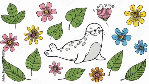Cute Seal Surrounded by Colorful Flowers and Green Leaves.