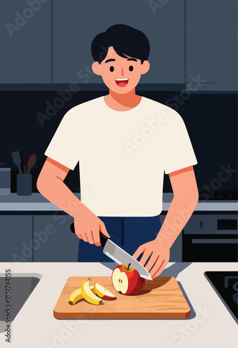 A person in a kitchen prepares fruit, cutting an apple beside bananas on a cutting board