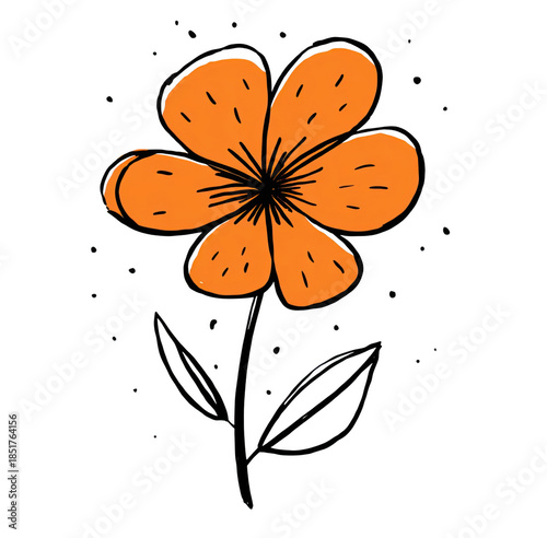 Illustration of a Vibrant Orange Flower, png, isolated on transparent background with Distinctive Petals and Leaves, Highlighting Nature's Beauty and Simplicity