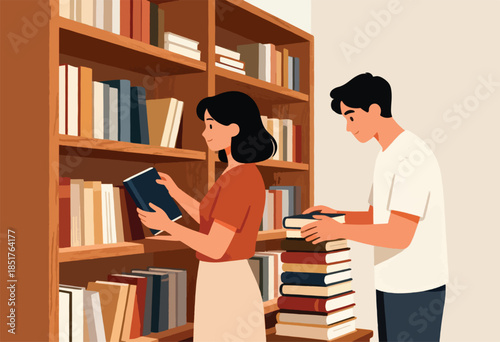 Two people browse a wooden bookshelf filled with colorful books in a quiet room