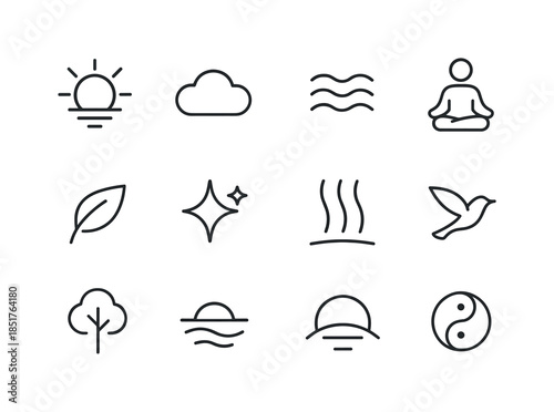 Dawn Icon Set. Peaceful dawn. Line icon set of peaceful dawn: so