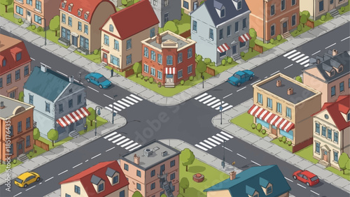 Isometric City Intersection with Buildings and Cars.