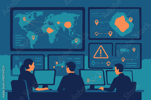 Cybersecurity Team Monitoring Global Threat Map in a Security Operations Center.