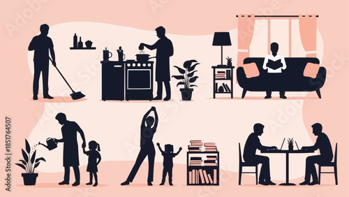Diverse Family Activities and Daily Routines Illustrated Silhouettes.