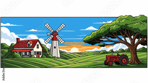 Farmhouse with Windmill and Tractor in a Rural Landscape.