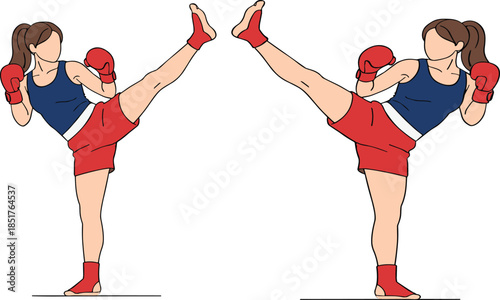 Set of Female Martial Arts Illustrations Performing High Kick with Red Boxing Gloves for Fitness and Combat Sports Branding.